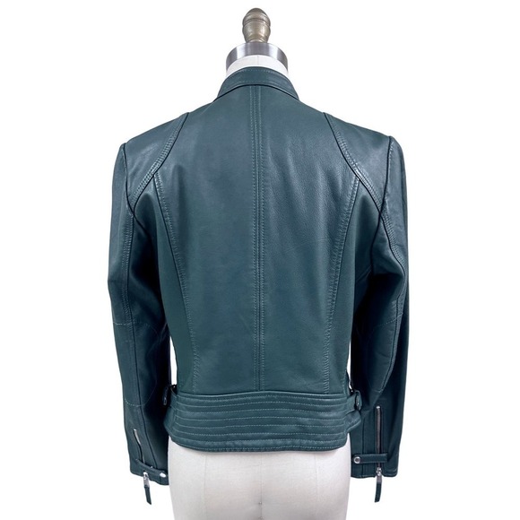 VTG Liebeskind Berlin Green Leather Jacket Sz L Poly Lined Adjustable Waist - Picture 6 of 10